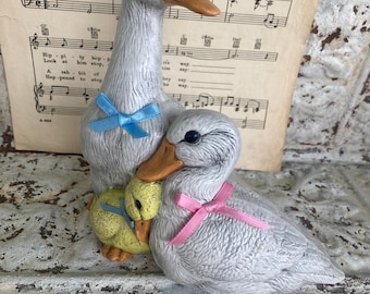 Vintage Duck Family Figurine Drake Duck Baby Duck Greenware Handpainted 1980s