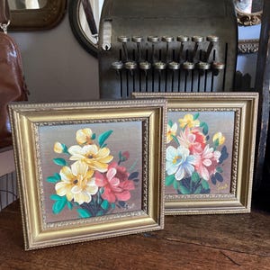 Vintage Oil Paintings on Board Set of 2 Florals Signed Scott Green Yellow Rust Rose Plum Genuine Oil Painting Gesco Studios 6 5/8” Square
