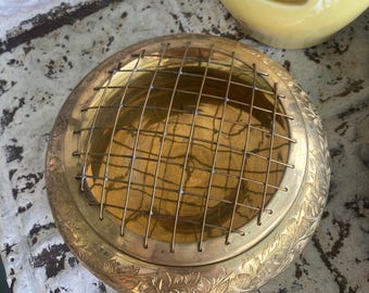 Vintage Rose Bowl & Flower Frog Lid Brass Made in India 1970s