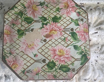 Vintage Candy Box Samoset Chocolates Octagonal Box Pink Mums Green Leaves Gold Lattice 1910s