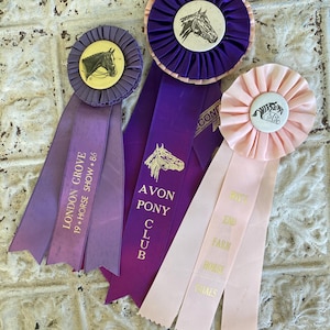 Vintage Horse Show Ribbons #17 Set of 3 Equestrian Awards 1960s - 1990s US & Canada Purple Pink London Grove 1986 Wits End Farm Avon Pony