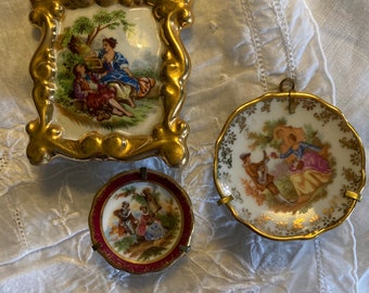 Vintage Miniature Limoges Porcelain Made in France Set of 3 Pastoral Scenes Countryside Lovers Couple Music French Bourgeoisie Romantic