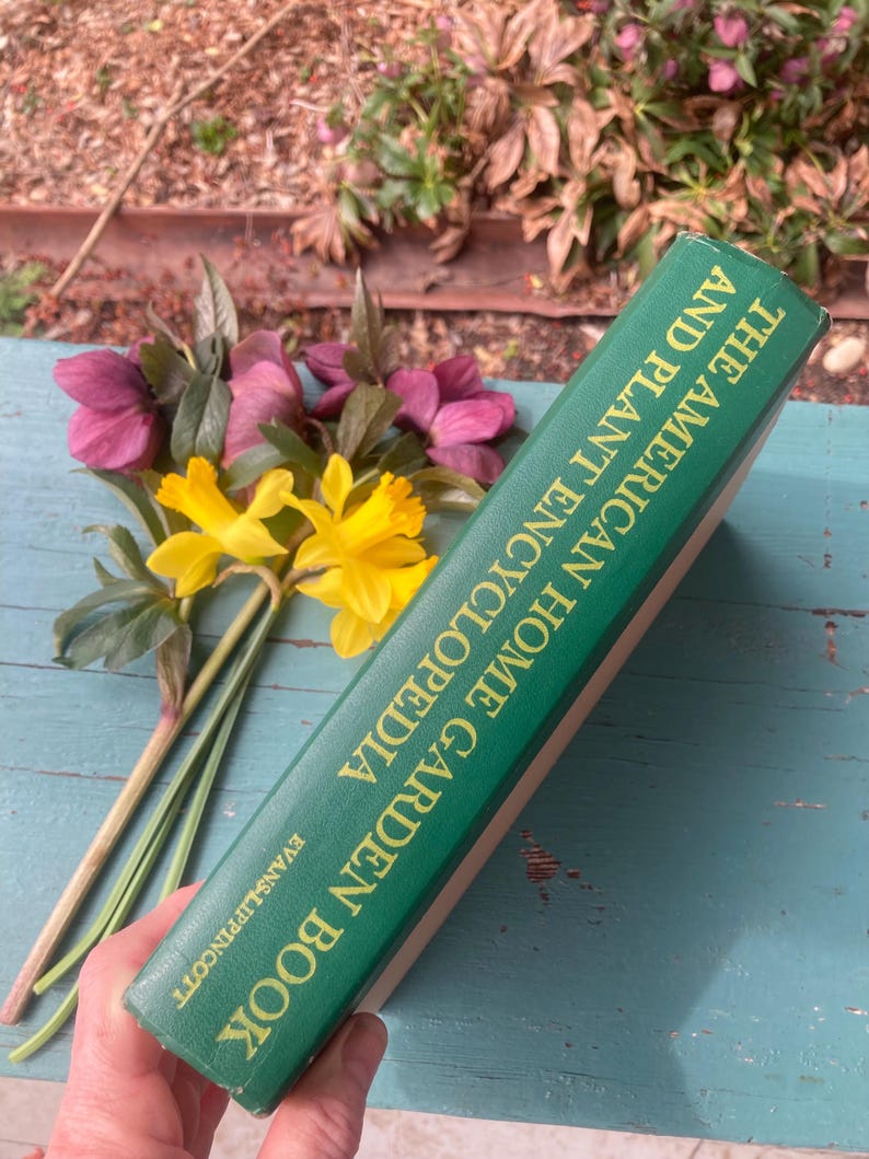 May include: A green hardcover book titled "The American Home Garden Encyclopedia and Plant Encyclopedia" by Evans &  Pringle. The book is on a blue surface with a bouquet of yellow and purple flowers.