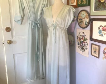 Vintage Lingerie Set Pale Shimmery Blue Gown and Robe Peignoir Set Floor Length 1970s