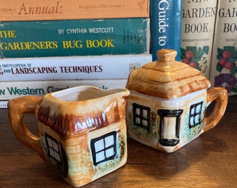 Creamer and Sugar English Cottage Serving Pieces Tea Time Coffee Klatsch Cup of Joe Savor Enjoy Sip Thatched Roof Sugar with Lid