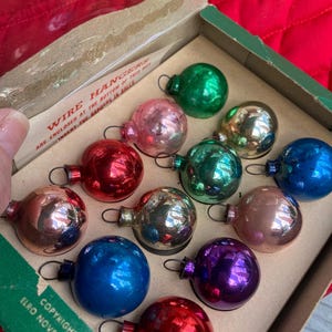 Vintage Miniature Christmas Ornaments 1 Inch Box of 12 with Hangers Feather Tree Decoration Elro Novelty Co Made in USA Mixed Colors