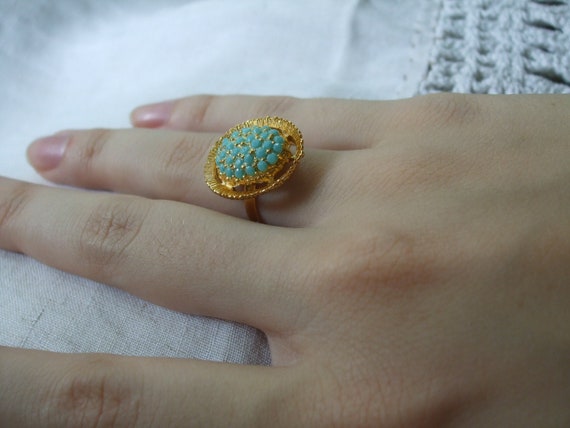 Gold Ring Turquoise Cocktail Ring Adjustable 1970… - image 5