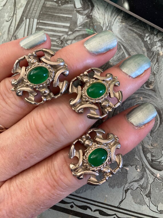 Cocktail Ring Adjustable Jade Green Cabachon Silv… - image 2