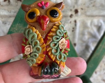 Adorno navideño vintage de búho hecho a mano, adorno de masa colorido