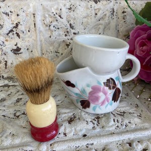 Antique Shaving Mug Ironstone Pink Rose Brown Aqua Leaves Vintage Ever-Ready Shaving Brush Rec Ivory Made in USA Choice