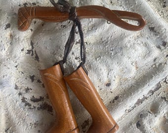 Vintage Brooch Riding Crop & Boots Hand Carved Wood 1930s