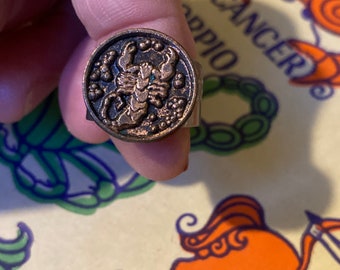 Ring SCORPIO Zodiac Ring The Scorpion Ring October November Adjustable Steel Pewter Sheffield England 1970s Dead Stock