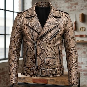 May include: A motorcycle jacket featuring a brown and tan snakeskin pattern. The jacket includes a notched lapel, an asymmetrical front zipper, a zippered chest pocket, a small flap pocket with a snap button, and a buckled belt at the waist.