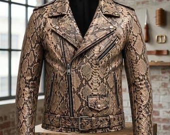 Men's Genuine Leather Snakeskin Biker Jacket, Python Moto Streetwear Coat