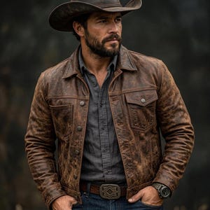 May include: A distressed brown leather jacket with a pointed collar, button-front closure, and two chest pockets with flaps. The jacket is worn over a dark gray button-down shirt, paired with a belt featuring a large, ornate rectangular metal buckle.