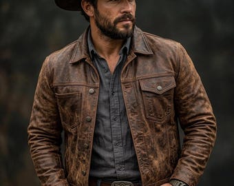 Handcrafted Distressed Leather Western Cowboy Jacket | Vintage Rugged Menswear Coat