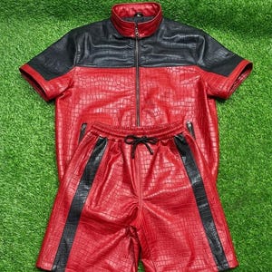 Men's Red Black Crocodile Embossed Leather Tracksuit | Luxury Short Sleeve Leather Shirt & Shorts Set image 5