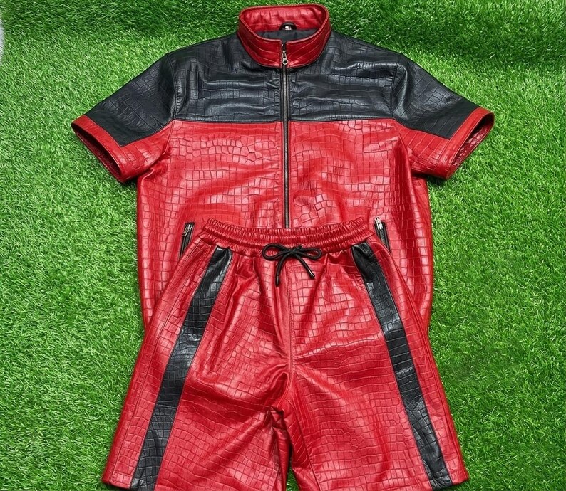 Men's Red Black Crocodile Embossed Leather Tracksuit | Luxury Short Sleeve Leather Shirt & Shorts Set image 5