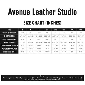 May include: A black and white size chart for Avenue Leather Studio listing measurements in inches for sizes S through 5XL. The table includes chest, waist, centre back length, across-shoulder, and sleeve length dimensions for garment and body.