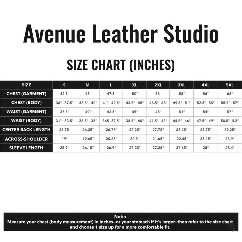 May include: A black and white size chart for Avenue Leather Studio listing measurements in inches for sizes S through 5XL. The table includes chest, waist, centre back length, across-shoulder, and sleeve length dimensions for garment and body.