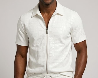 Men's White Crocodile Embossed Leather Summer Set Luxury Short Sleeve Leather Shirt & Shorts.