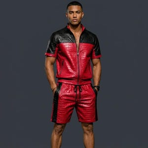 May include: A two-piece set consisting of a short-sleeved, full-zip jacket and matching shorts. The garment features a red and black crocodile-embossed texture, with black panels on the shoulders and down the sides of the shorts.