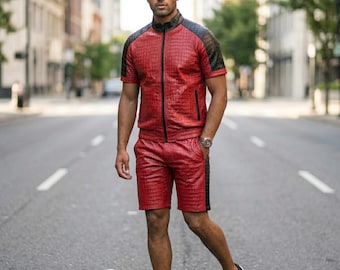 Men's Red Black Crocodile Embossed Leather Tracksuit | Luxury Short Sleeve Leather Shirt & Shorts Set