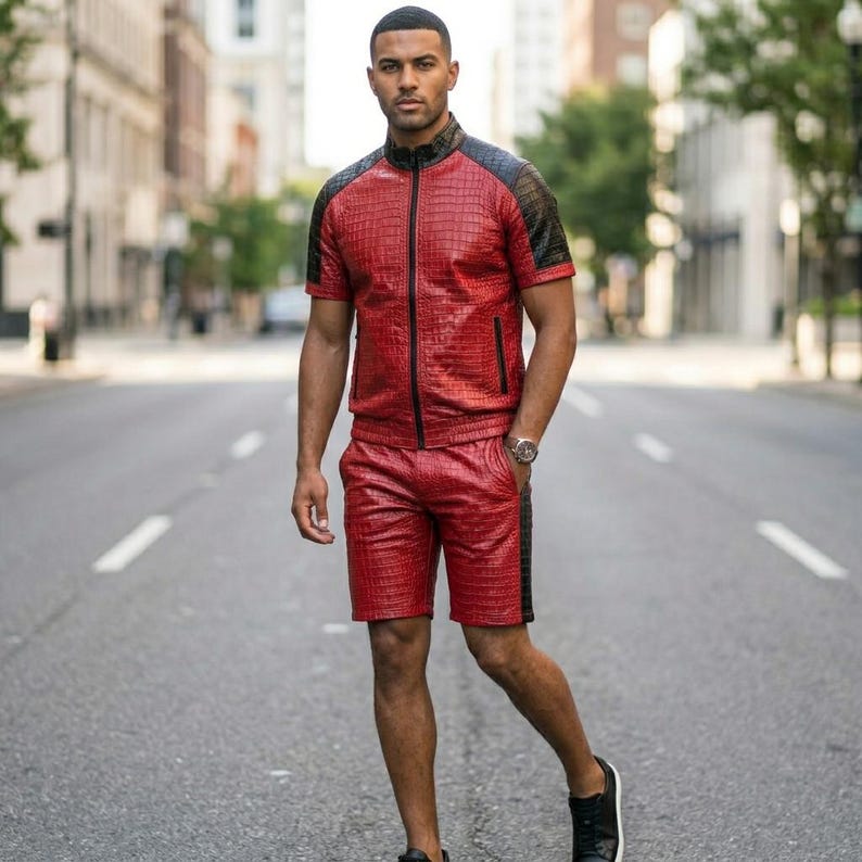 Men's Red Black Crocodile Embossed Leather Tracksuit | Luxury Short Sleeve Leather Shirt & Shorts Set image 1