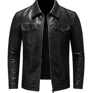 Men’s Black Sheepskin Leather Jacket –Vintage Style Biker Coat,Fully Lined with Soft Polyester, Casual Zip-Up Outerwear, Halloween Gift Idea