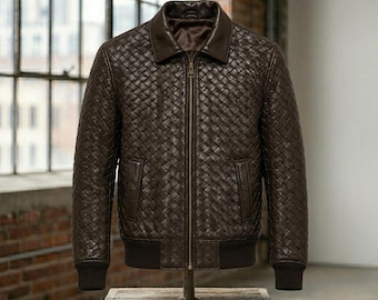 Handwoven Lambskin Leather Bomber Jacket, Braided Intrecciato Weave Blouson
