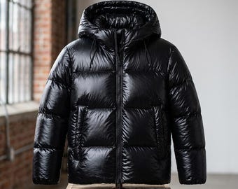 Men's Shiny Black Puffer Parka, Hooded Winter Bubble Coat, Glossy Quilted Jacket