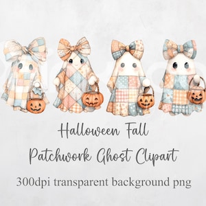May include: Watercolor illustration of four friendly ghosts dressed in patchwork fabric with bows and holding jack-o'-lantern baskets. The text reads "Halloween Fall Patchwork Ghost Clipart".