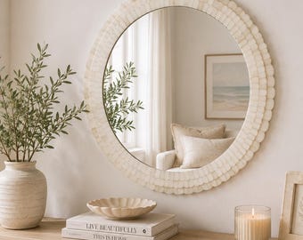 Handmade Round Bone Inlay Wall Mirror | White Bone Inlay Decorative Mirror | Luxury Vanity Mirror | Coastal Bedroom & Entryway Wall Decor