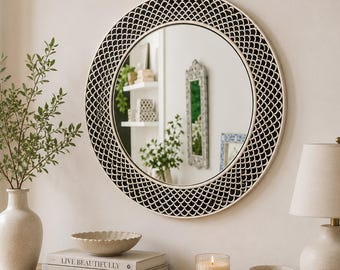 Handmade Black Bone Inlay Round Wall Mirror | Fish Scale Decorative Mirror | Boho Coastal Vanity Mirror | Luxury Bedroom & Entryway Wall Dec