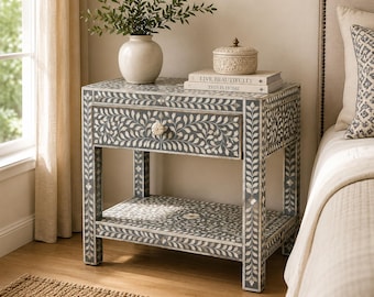 Handmade Grey Bone Inlay Nightstand with Drawer & Shelf | Floral Bedside Table | Boho Bedroom End Table | Artisan Wooden Accent Furniture