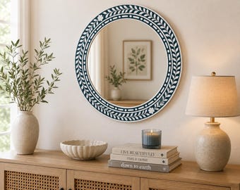 Handmade Blue Bone Inlay Round Wall Mirror | Floral Bone Inlay Frame | Coastal Boho Vanity Mirror | Indian Artisan Home Decor