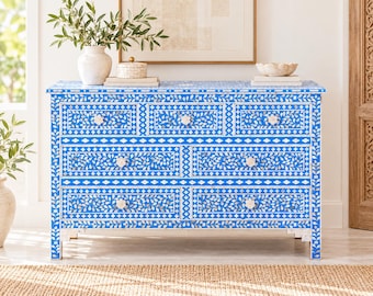 Handgefertigte Kommode mit Perlmuttintarsien | Blaue Perlmutt-Kommode | Schrank mit indischen Blumenintarsien | Boho-Schlafzimmeraufbewahrung