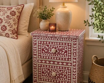 Handmade Red Bone Inlay Bedside Table | Floral 2 Drawer Nightstand | Boho Bedroom Side Table | Indian Artisan Bone Inlay Furniture