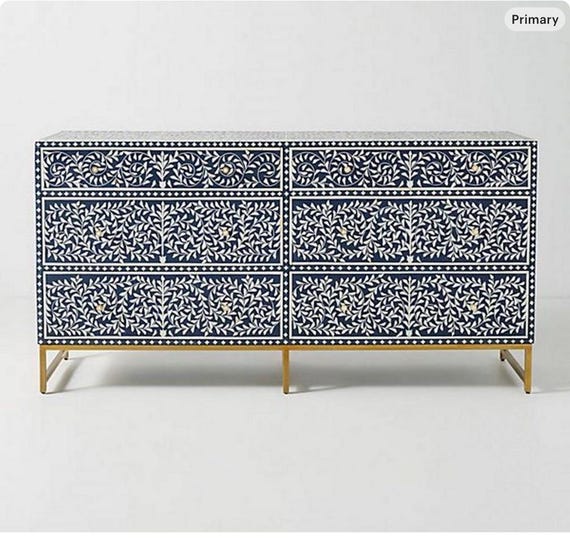 Handmade Bone Inlay Dresser: Indigo Blue Floral Cabinet With 6 Drawers -  Etsy Israel