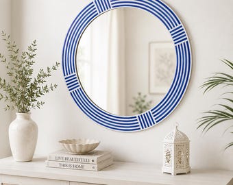 Handmade Blue Bone Inlay Round Wall Mirror | Striped Coastal Accent Mirror | Modern Boho Bathroom Vanity Mirror | Artisan Home Decor
