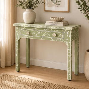 Green Floral Bone Inlay Console Table with Drawer – Handmade Entryway Table, Indian Hallway Furniture, Boho Accent Console