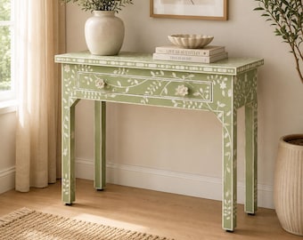 Handmade Green Bone Inlay Console Table with Drawer | Floral Entryway Table | Boho Hallway Accent Console | Artisan Wooden Sofa Table