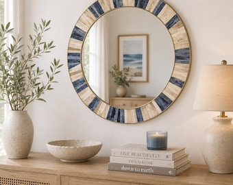 Handmade Blue Bone Inlay Round Wall Mirror | Striped Bone Inlay Frame | Coastal Boho Accent Mirror | Indian Artisan Home Decor