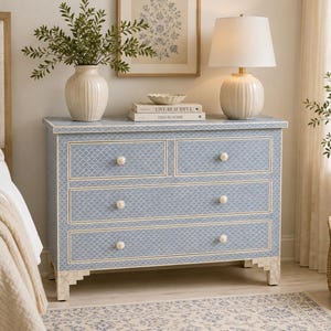 Light Blue Bone Inlay Chest of Drawers | Handmade Dresser | Scallop Pattern Inlay Furniture | Bedroom Storage Cabinet | Indian Decor