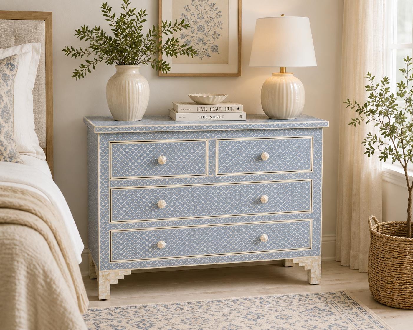 bone inlay dresser blue Handmade Light Chest of Drawers | Scallop Pattern | 4 Drawer Bedroom Storage Cabinet Occasion:DAY OCCASION Marc Jacobs Cape Mini Size:40 Long Its blue and white