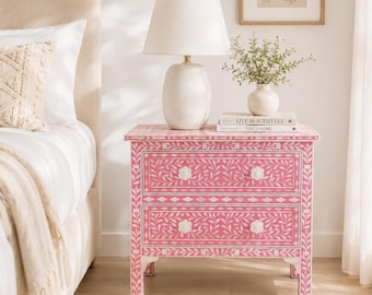 Handmade Pink Bone Inlay Nightstand | 2 Drawer Floral Bedside Table | Luxury Bedroom Storage Cabinet | Boho Handmade Furniture