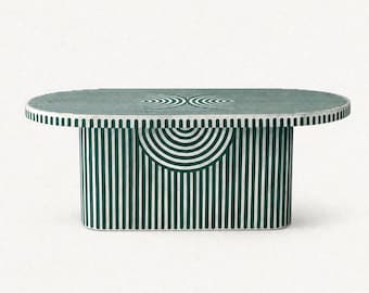 Handmade Bone Inlay Oval Dining Table, Modern Geometric Inlay Dining Table, Luxury Artisan Dining Table, Designer Oval Dining Table