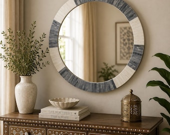 Handmade Grey Bone Inlay Round Wall Mirror | Striped Accent Mirror | Modern Boho Bathroom Vanity Mirror | Artisan Home Decor
