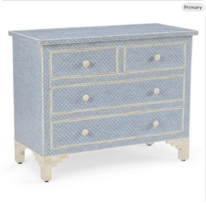 Handmade Bone Inlay Dresser: Coastal Blue Fish Scale Cabinet