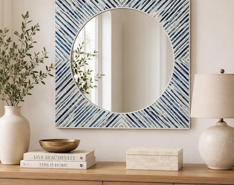 Handmade Blue Bone Inlay Mirror | Square Chevron Frame with Round Mirror | Luxury Bathroom Vanity Mirror | Modern Wall Decor